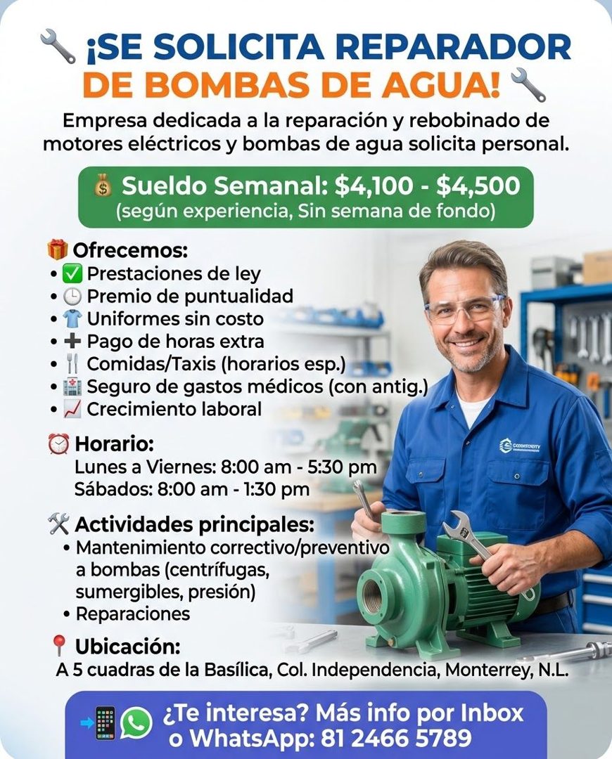 Banner del anuncio de la vacante: ¡SE SOLICITA REPARADOR · DE BOMBAS DE AGUA! · Empresa dedicada a la reparación y rebobinado de · motores eléctricos y bombas de agua solicit