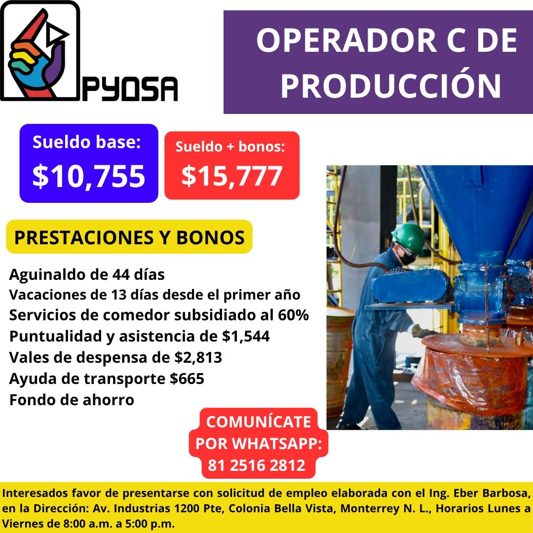 Banner del anuncio de la vacante: OPERADOR C DE · PRODUCCIÓN · PYOSA · Sueldo base: · $10,755 · Sueldo + bonos: · $15,777 · PRESTACIONES Y BONOS · Aguinaldo de 44 días · Vaca