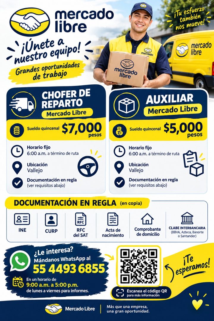 Banner del anuncio de la vacante: mercado · libre · ¡Únete a · nuestro equipo! · Grandes oportunidades · de trabajo · iTu esfuerzo · también · nos mueve! · mercado · mercado 