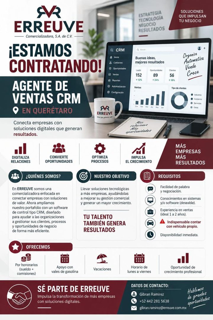Banner del anuncio de la vacante: EVR · ERREUVE · Comercializadora, S.A. de C.V. · ¡ESTAMOS · CONTRATANDO! · AGENTE DE · VENTAS CRM · • EN QUERÉTARO · Conecta empresas con · 