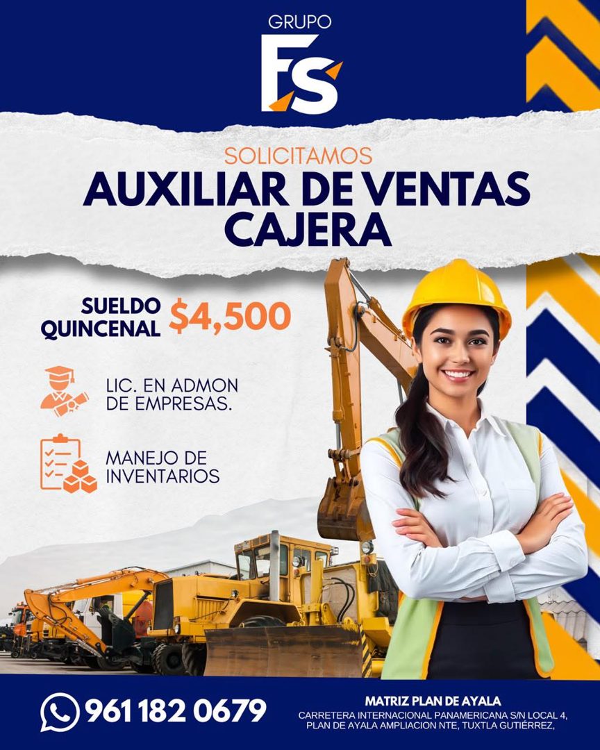 Banner del anuncio de la vacante: GRUPO · SOLICITAMOS · AUXILIAR DE VENTAS · CAJERA · SUELDO · QUINCENAL · $4,500 · LIC. EN ADMON · DE EMPRESAS. · MANEJO DE · INVENTARIOS · 9
