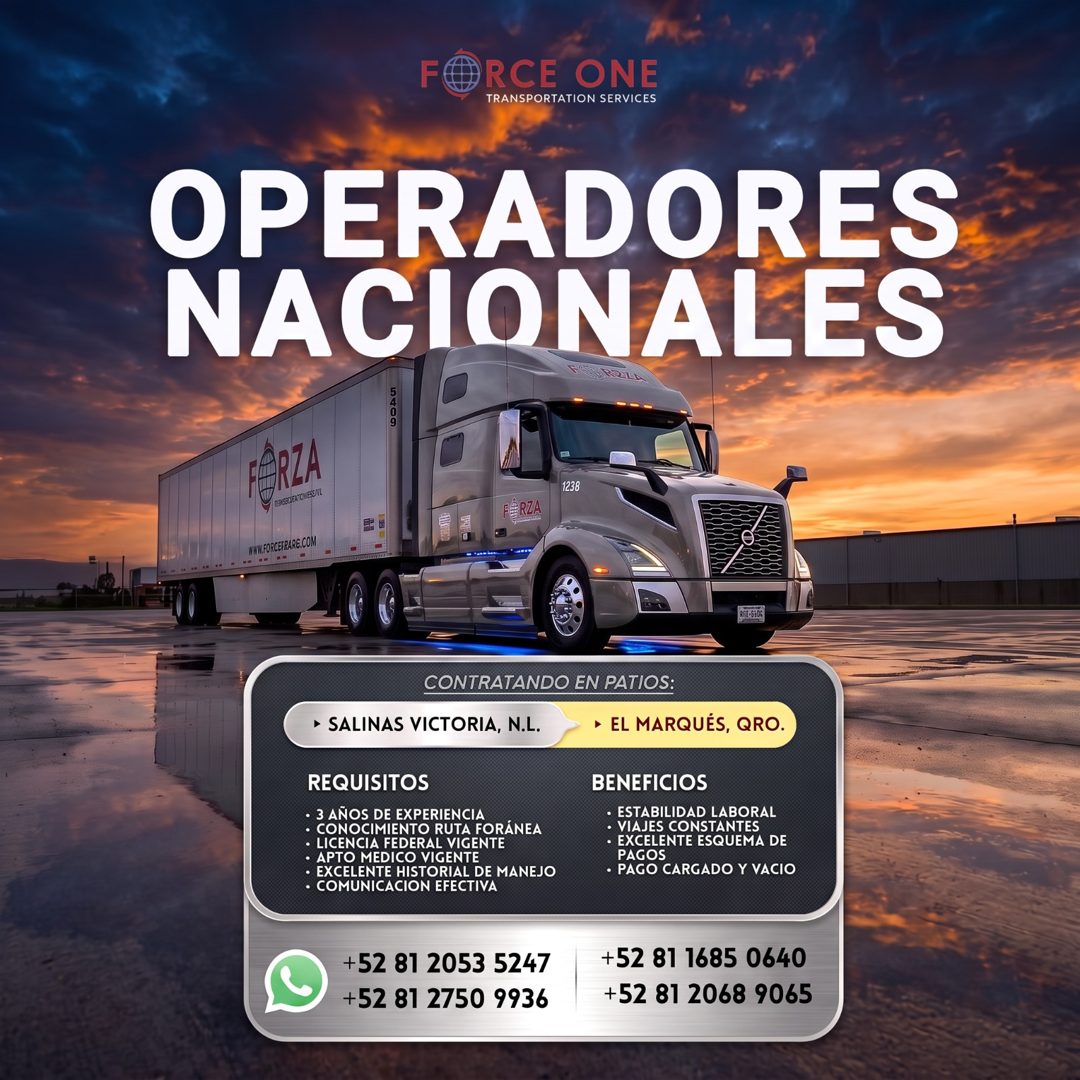 Banner del anuncio de la vacante: RCE ONE · TRANSPORTATION SERVICES · OPERADORES · NACIONALES · ГОРОТА · 9 · FERZA · ESTERCOGATIONESS/TL · WWW.FORCEFRARE.COM · 1238 · FÊRZA ·