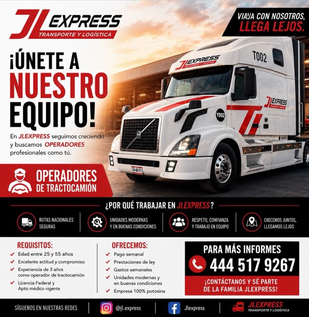 Banner del anuncio de la vacante: J EXPRESS · TRANSPORTE Y LOGISTIC · ¡ÚNETE A · NUESTRO · EQUIPO! · En JLEXPRESS seguimos creciendo · y buscamos OPERADORES · profesionales c