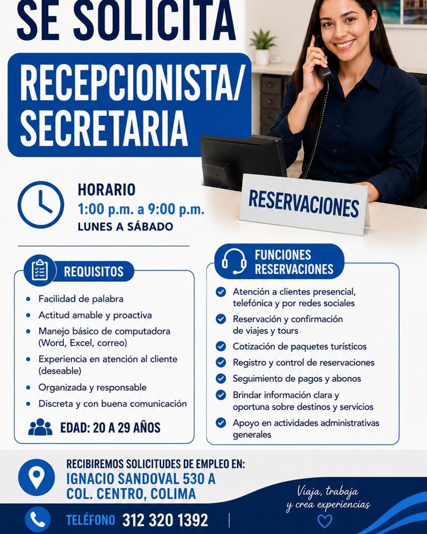 Banner del anuncio de la vacante: SE SOLICITA · RECEPCIONISTA/ · SECRETARIA · HORARIO · 1:00 p.m. a 9:00 p.m. · LUNES A SÁBADO · RESERVACIONES · REQUISITOS · • Facilidad de p