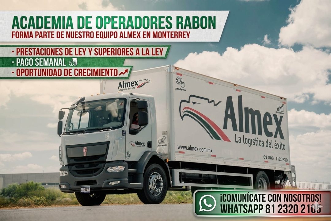 Banner del anuncio de la vacante: ACADEMIA DE OPERADORES RABON · FORMA PARTE DE NUESTRO EQUIPO ALMEX EN MONTERREY · - PRESTACIONES DE LEY Y SUPERIORES A LA LEY · - PAGO SEMAN