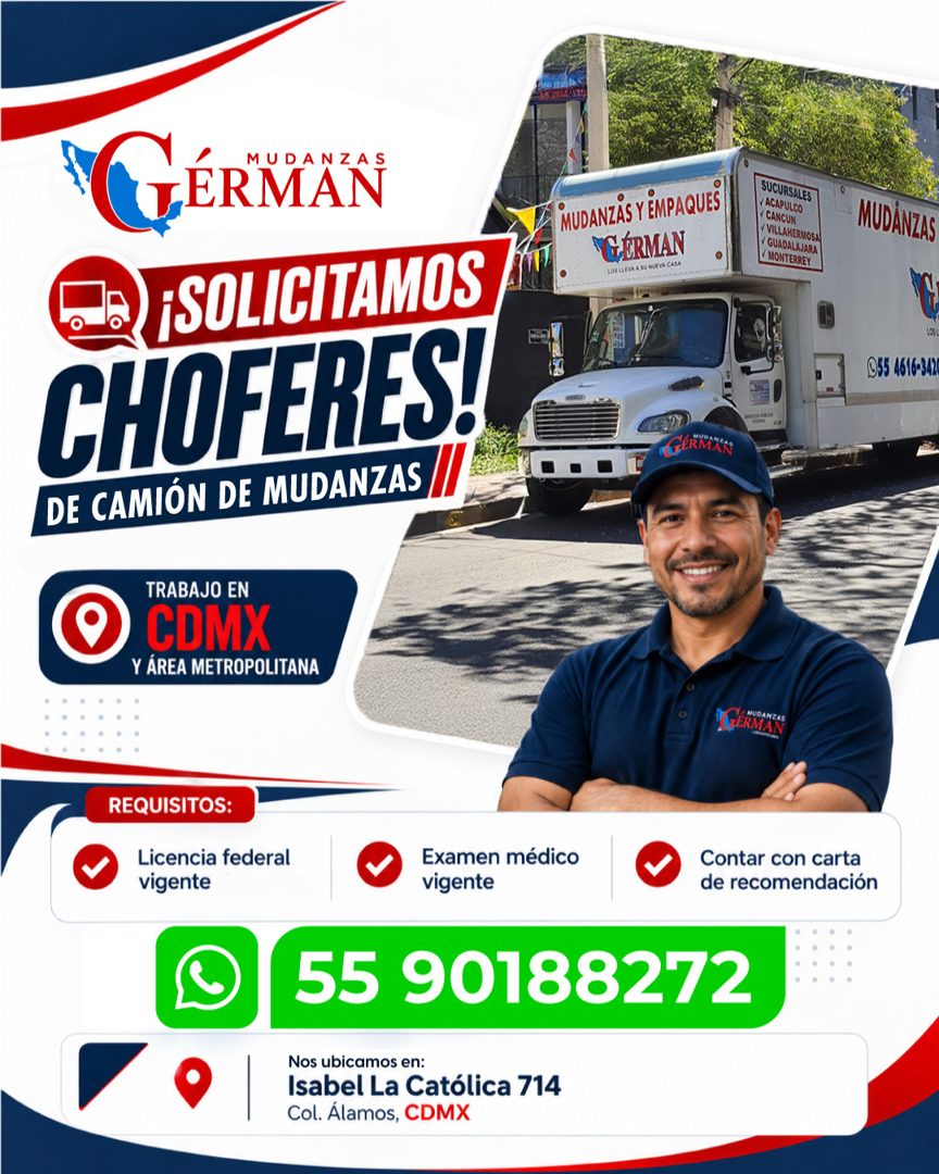 Banner del anuncio de la vacante: MUDANZAS · TERMAN · - a ¡SOLICITAMOS · CHOFERES! · DE CAMIÓN DE MUDANZAS // · MUDANZAS Y EMPAQUES® · GERMAN · LOS LLEVA A SU NUEVA CASA · SU