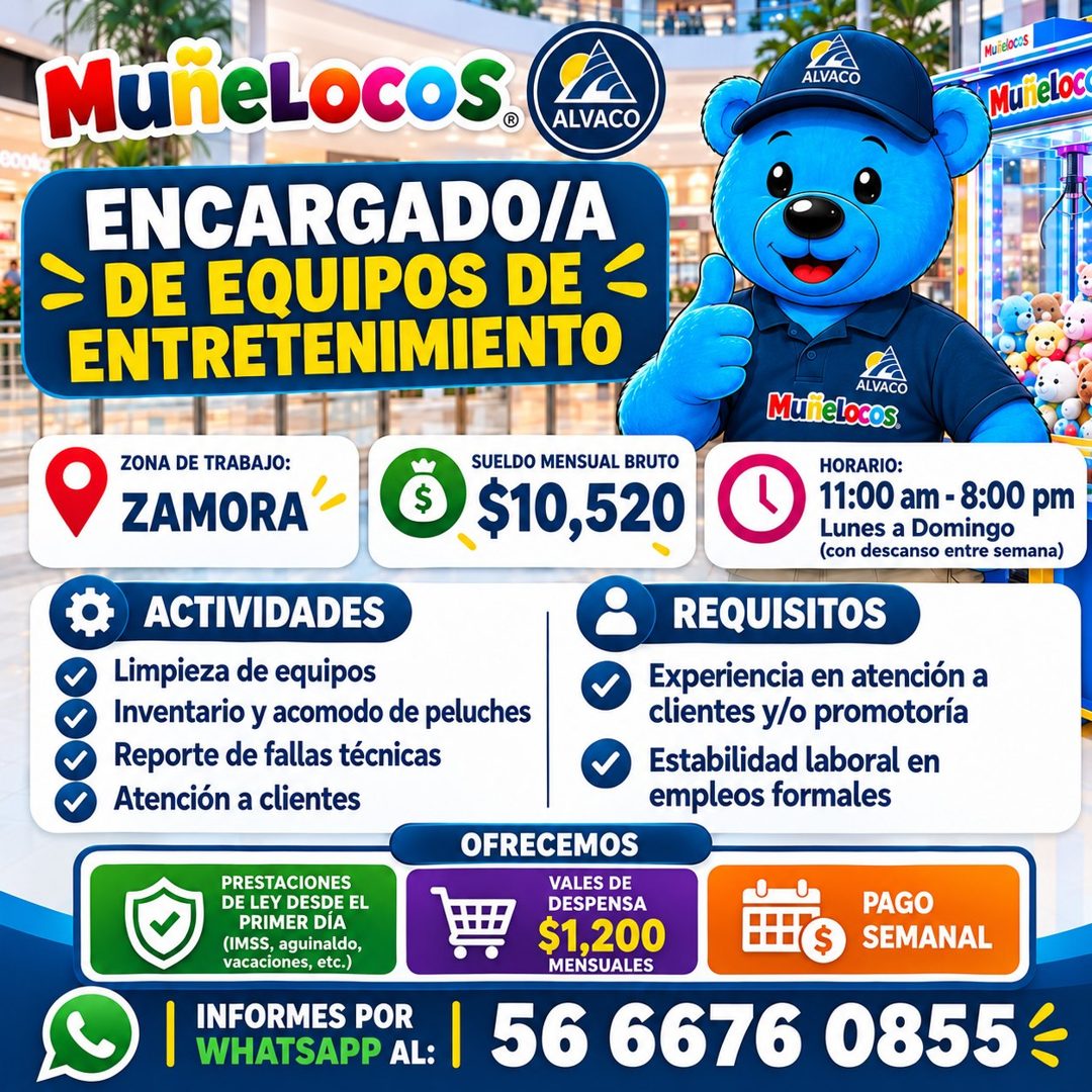 Banner del anuncio de la vacante: MuneLocos. · ALVACO · ENCARGADO/A · > DE EQUIPOS DE · ENTRETENIMIENTO · ALVACO · Murelocos · Murieloc · ZONA DE TRABAJO: · ZAMORA · ACTIVIDA