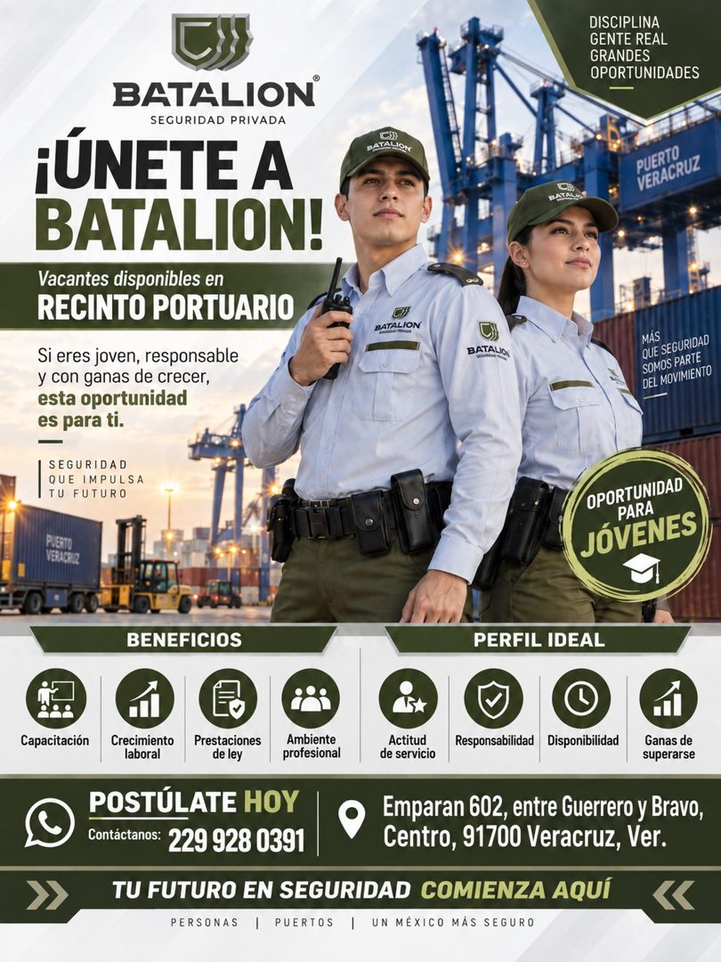 Banner del anuncio de la vacante: DISCIPLINA · GENTE REAL · GRANDES · OPORTUNIDADES · BATALION · SEGURIDAD PRIVADA · ¡ÚNETE A · BATALION! · Vacantes disponibles en · RECINTO 