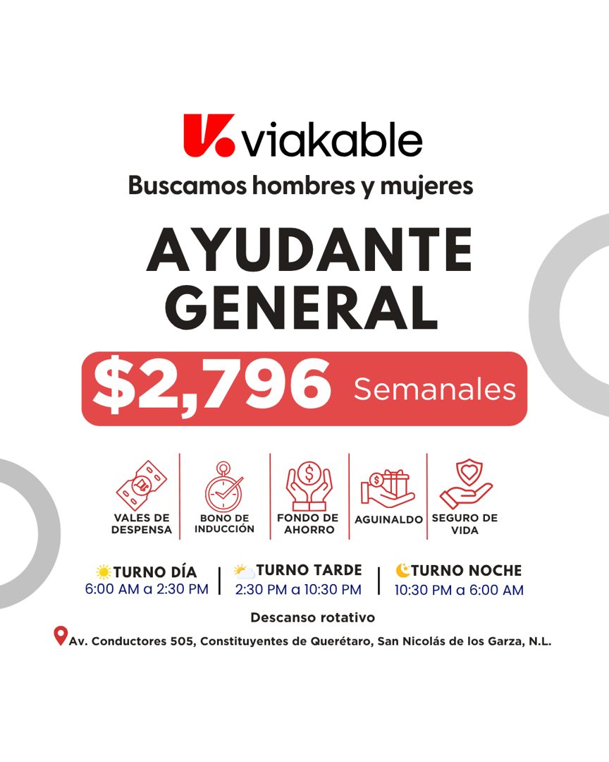 Banner del anuncio de la vacante: Voviakable · Buscamos hombres y mujeres · AYUDANTE · GENERAL · $2,796 · Semanales · V · VALES DE · DESPENSA · BONO DE · INDUCCIÓN · FONDO DE