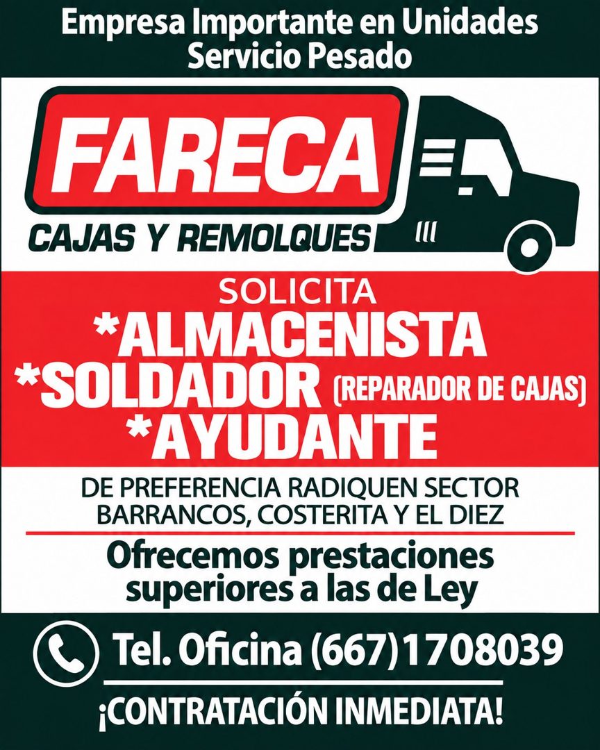 Banner del anuncio de la vacante: Empresa Importante en Unidades · Servicio Pesado · FARECA · CAJAS Y REMOLQUES · SOLICITA · *ALMACENISTA · *SOLDADOR (REPARADOR DE CAJAS) · *
