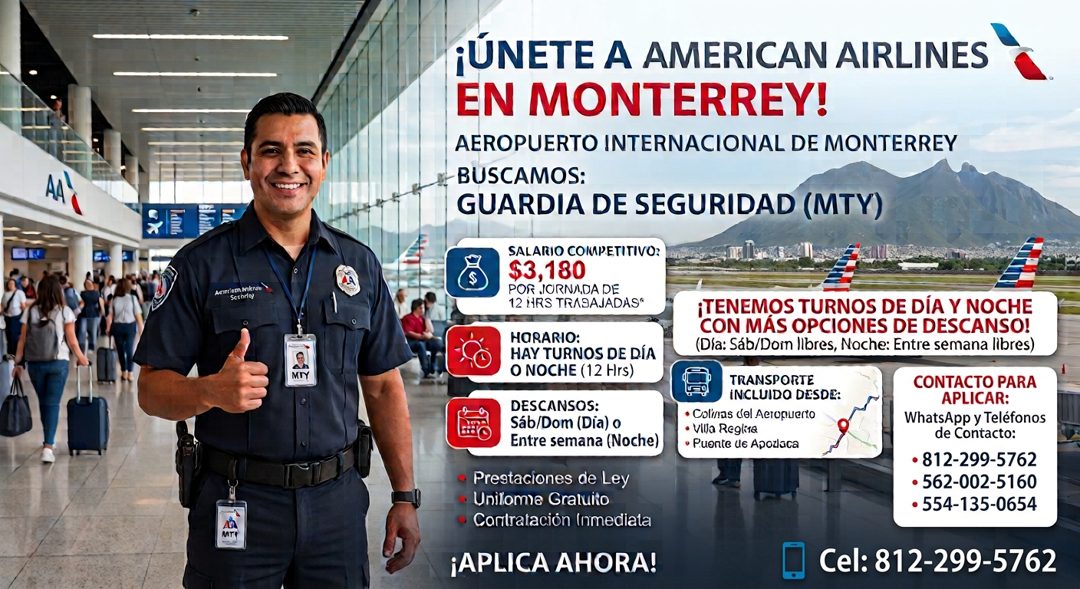 Banner del anuncio de la vacante: AA · Acteriem Milenso · Seshrio) · MIY · ¡ÚNETE A AMERICAN AIRLINES · EN MONTERREY! · AEROPUERTO INTERNACIONAL DE MONTERREY · BUSCAMOS: · GU