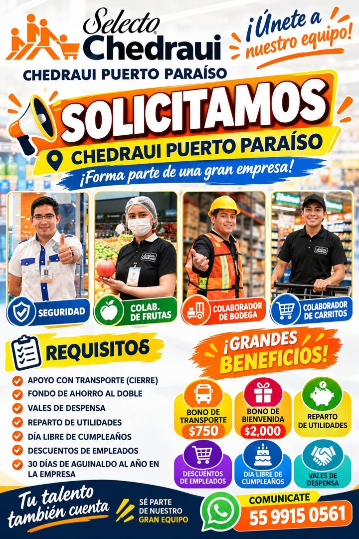 Banner del anuncio de la vacante: Selecto · Chedraui · ¡Únete a · nuestro equipo! · CHEDRAUI PUERTO PARAÍSO · SOLICITAMOS · CHEDRAUI PUERTO PARAÍSO · ¡Forma parte de una gran