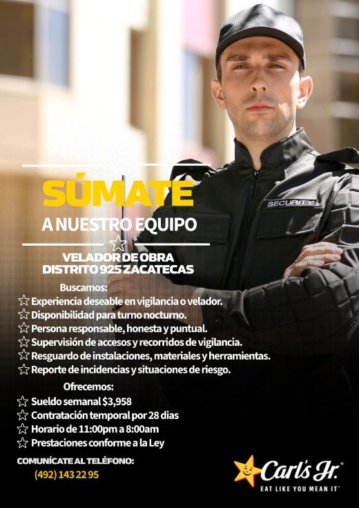 Banner del anuncio de la vacante: SÚMATE · A NUESTRO EQUIPO · VELADOR DE OBRA · DISTRITO 925 ZACATECAS · Buscamos: · ¿ Experiencia deseable en vigilancia o velador. · Z Dispo