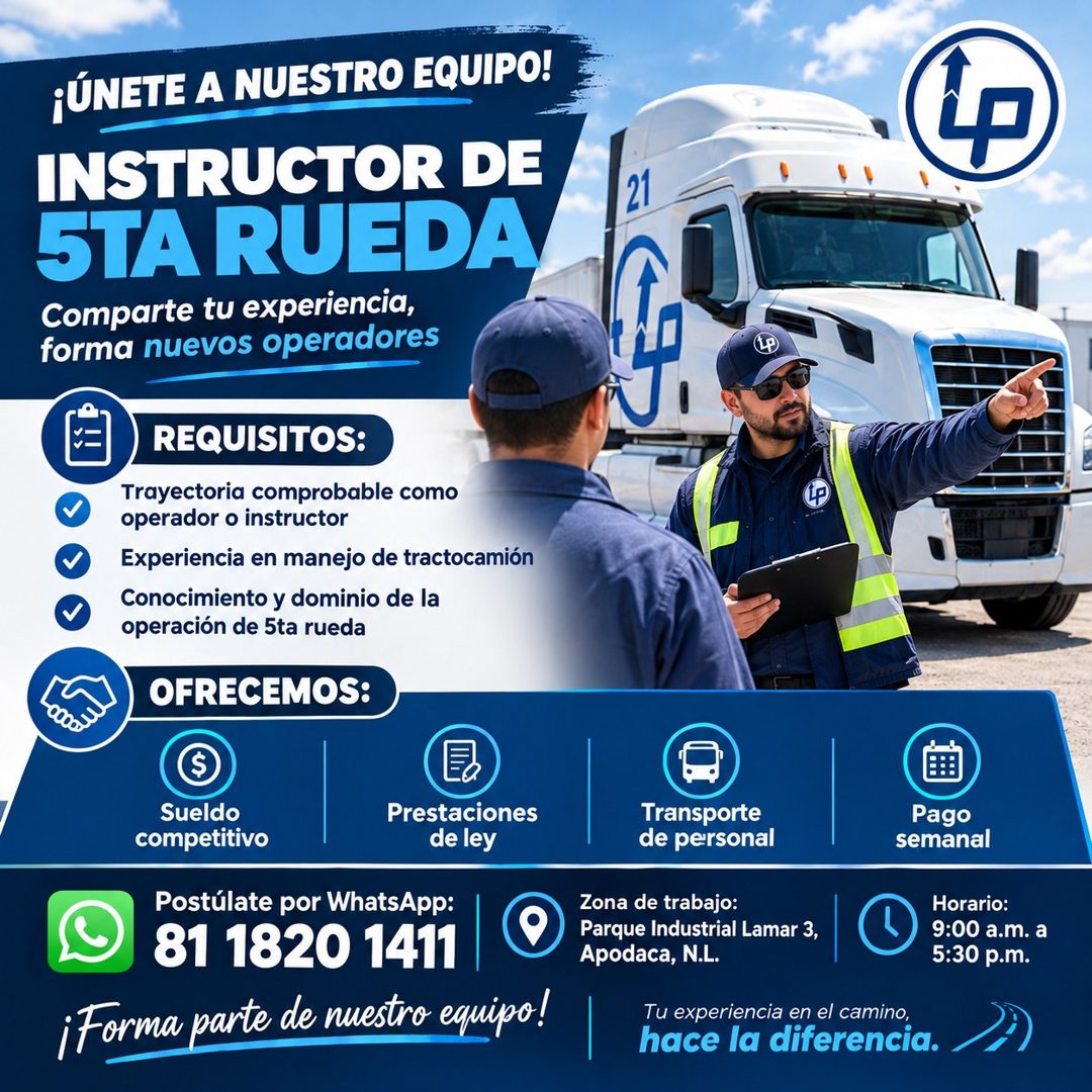 Banner del anuncio de la vacante: ¡ÚNETE A NUESTRO EQUIPO! · INSTRUCTOR DE · STA RUEDA · Comparte tu experiencia, · forma nuevos operadores · REQUISITOS: · Trayectoria compro