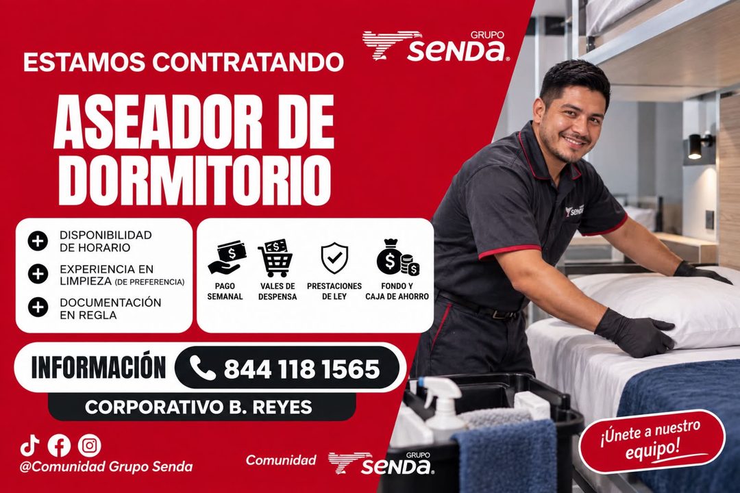 Banner del anuncio de la vacante: GRUPO · SENDa. · ESTAMOS CONTRATANDO · ASEADOR DE · DORMITORIO · T · DISPONIBILIDAD · DE HORARIO · + · EXPERIENCIA EN · LIMPIEZA (DE PREFERE