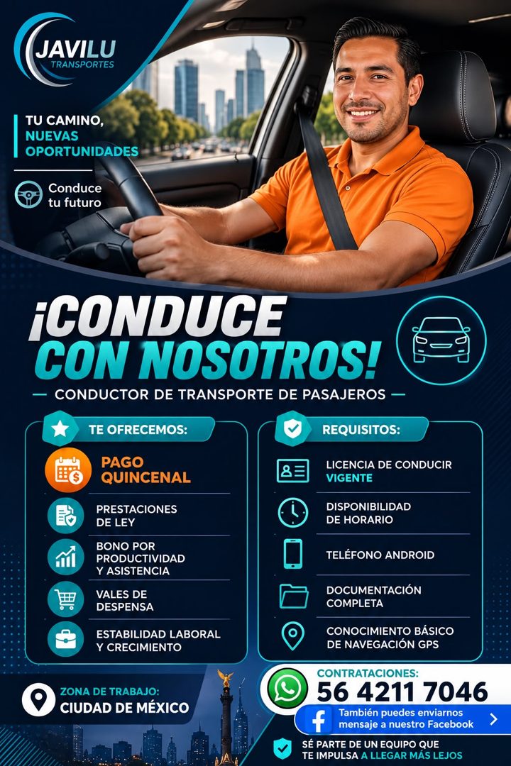 Banner del anuncio de la vacante: JAVILU · TRANSPORTES · TU CAMINO, · NUEVAS · OPORTUNIDADES · Conduce · tu futuro · ¡CONDUCE · CON NOSOTROS! · - CONDUCTOR DE TRANSPORTE DE P
