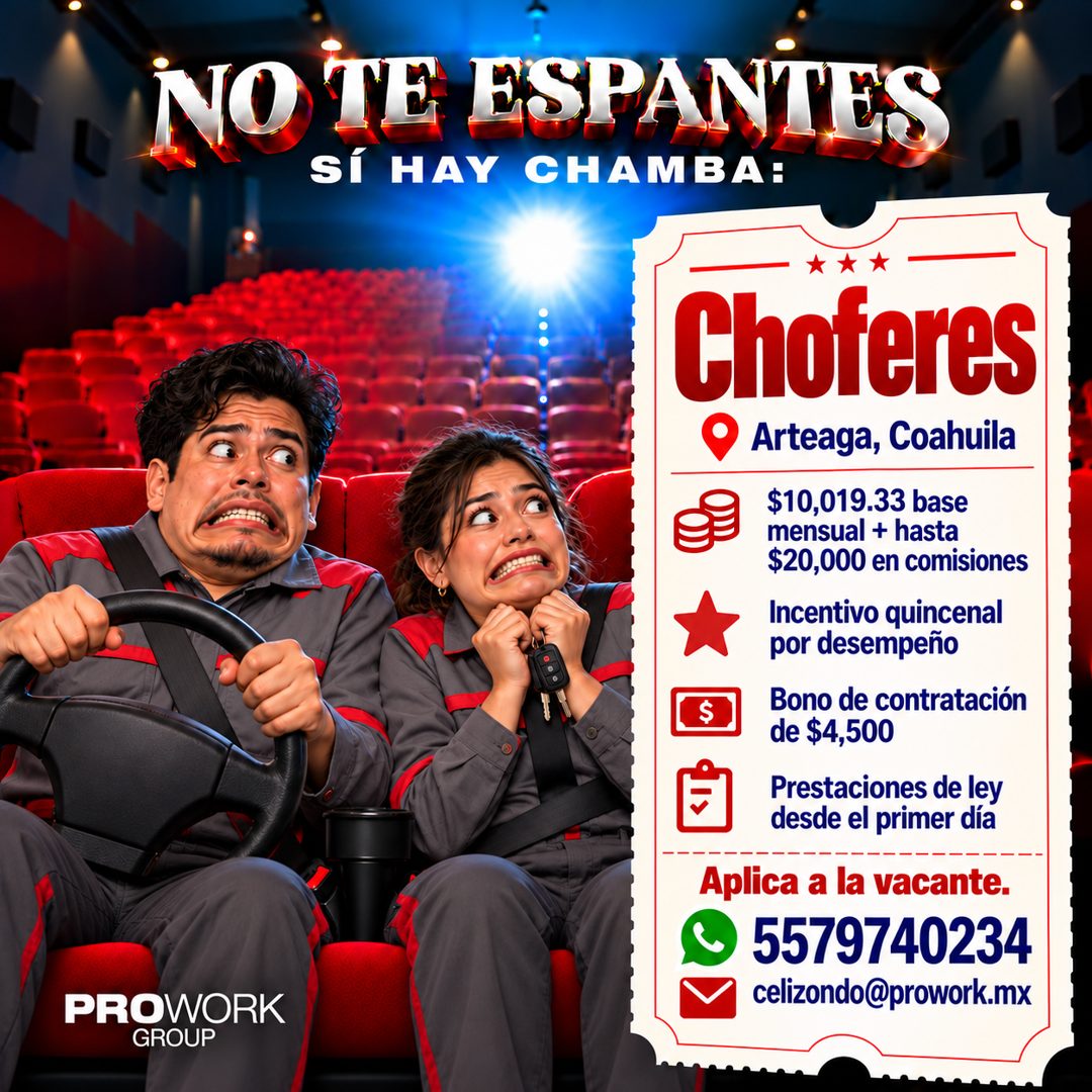 Banner del anuncio de la vacante: NO TE ESPANTES · SÍ HAY CHAMBA: · Hoteres · • Arteaga, Coahuila · $10,019.33 base · mensual + hasta · $20,000 en comisiones · Incentivo quin