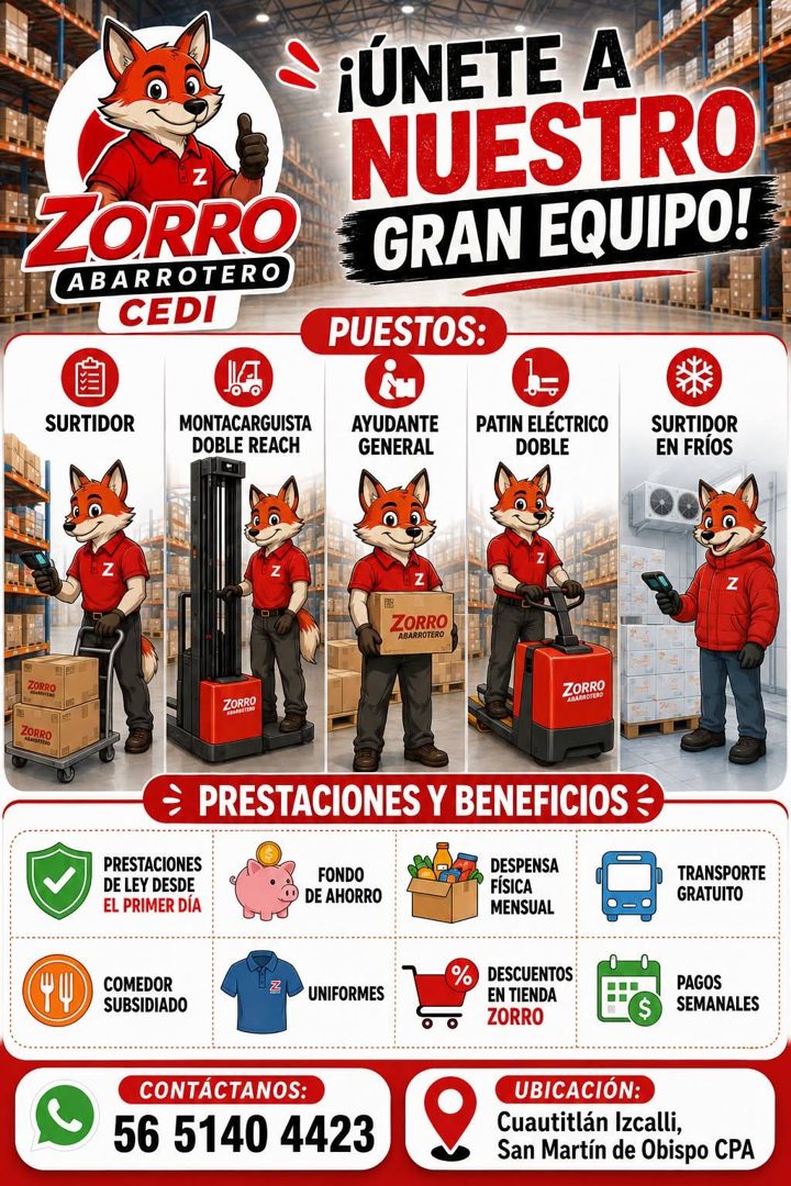 Banner del anuncio de la vacante: ZORRO · ABARROTERO · CEDI · SURTIDOR · IA · -0-0 · MONTACARGUISTA · DOBLE REACH · ¡ÚNETE A · NUESTRO · GRAN EQUIPO! · PUESTOS: · AYUDANTE · 