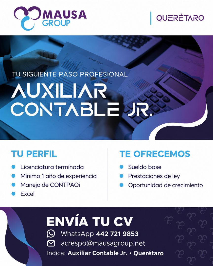 Banner del anuncio de la vacante: OMAUSA · GROUP · QUERÉTARO · Summary Report · TU SIGUIENTE PASO PROFESIONAL · AUXILIAR · CONTABLE JR. · TU PERFIL · Licenciatura terminada ·