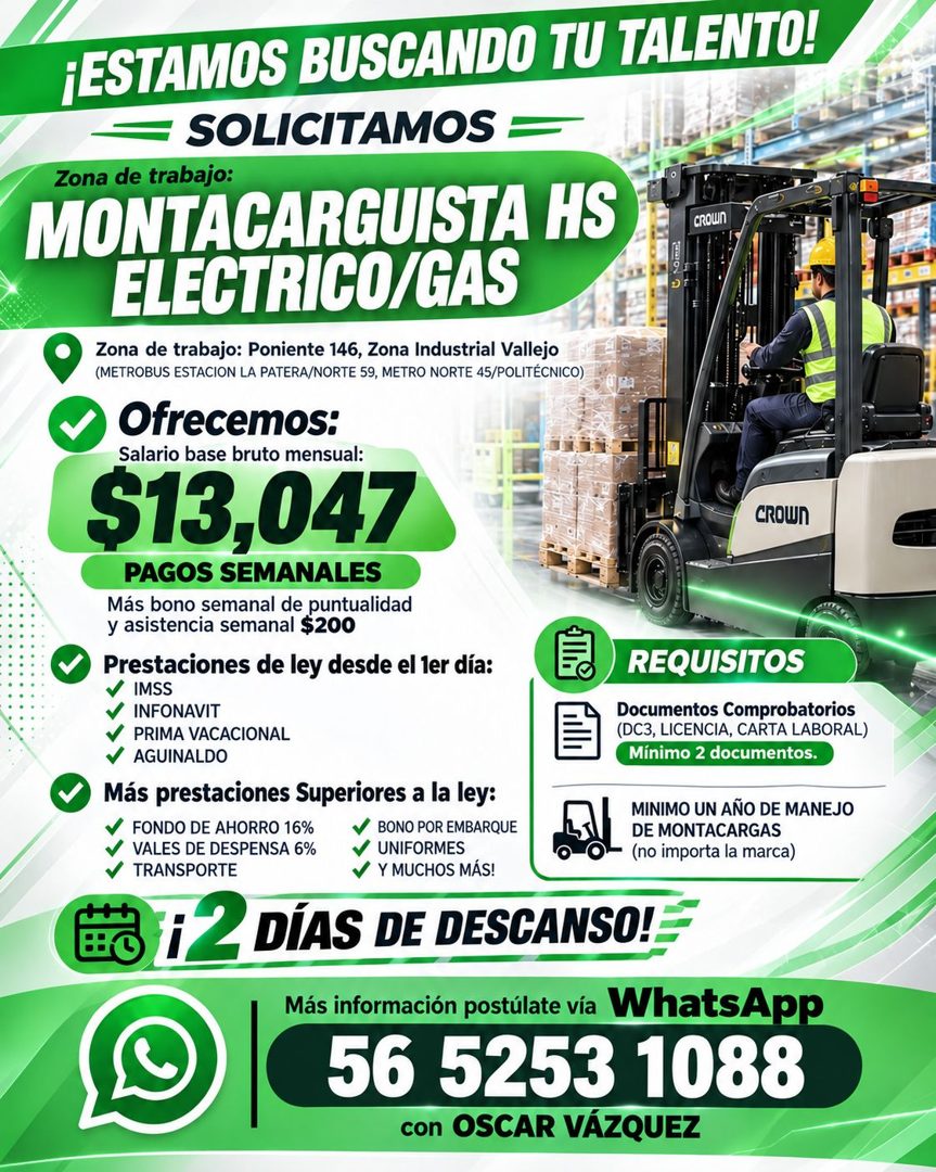 Banner del anuncio de la vacante: ¡ESTAMOS BUSCANDO TU TALENTO! · - SOLICITAMOS = · Zona de trabajo: · MONTACARGUISTA HS · CROWn · ELECTRICO/GAS · Zona de trabajo: Poniente 1