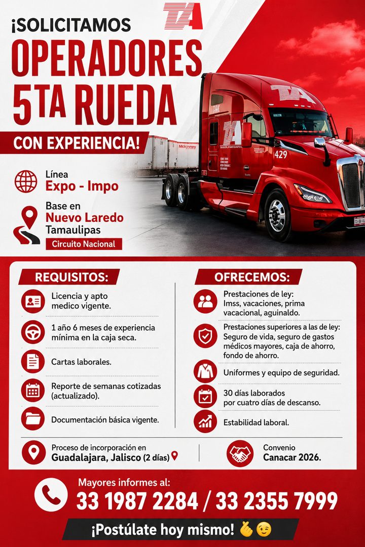 Banner del anuncio de la vacante: ¡SOLICITAMOS · LA · OPERADORES · 5TA RUEDA · CON EXPERIENCIA! · Mckinney · Línea · Expo - Impo · Base en · Nuevo Laredo · Tamaulipas · Circu