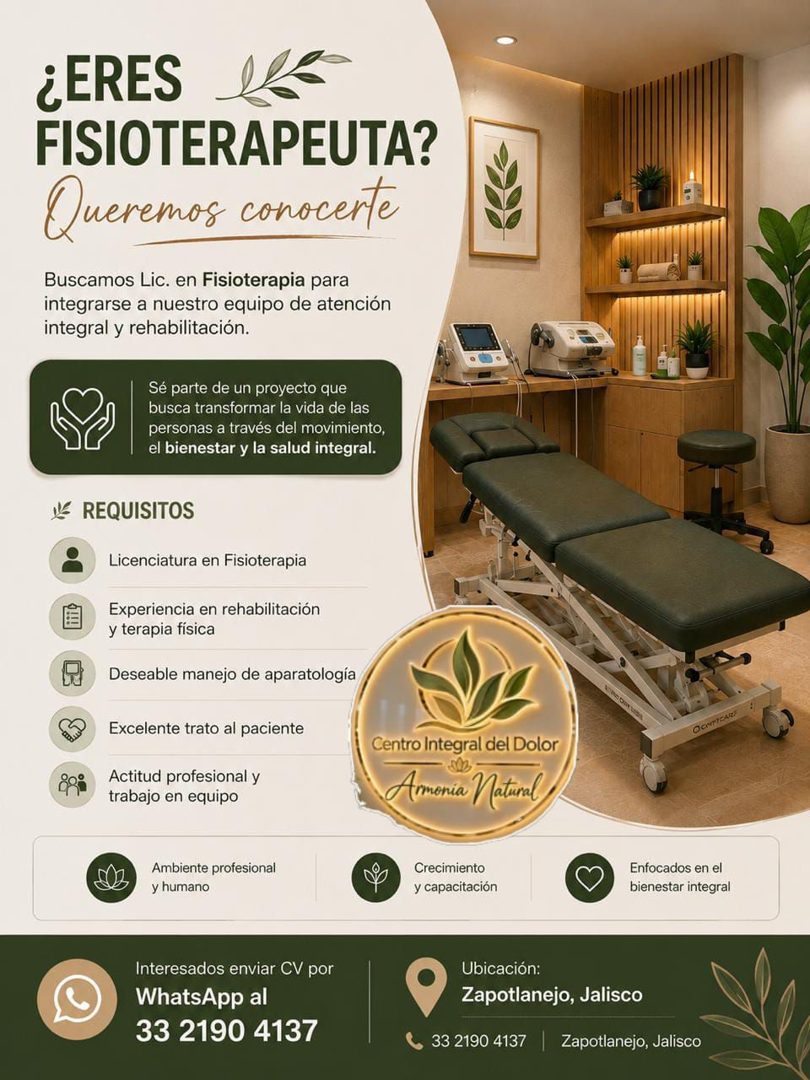 Banner del anuncio de la vacante: ¿ERES · FISIOTERAPEUTA? · Queremos conocerte · Buscamos Lic. en Fisioterapia para · integrarse a nuestro equipo de atención · integral y reh