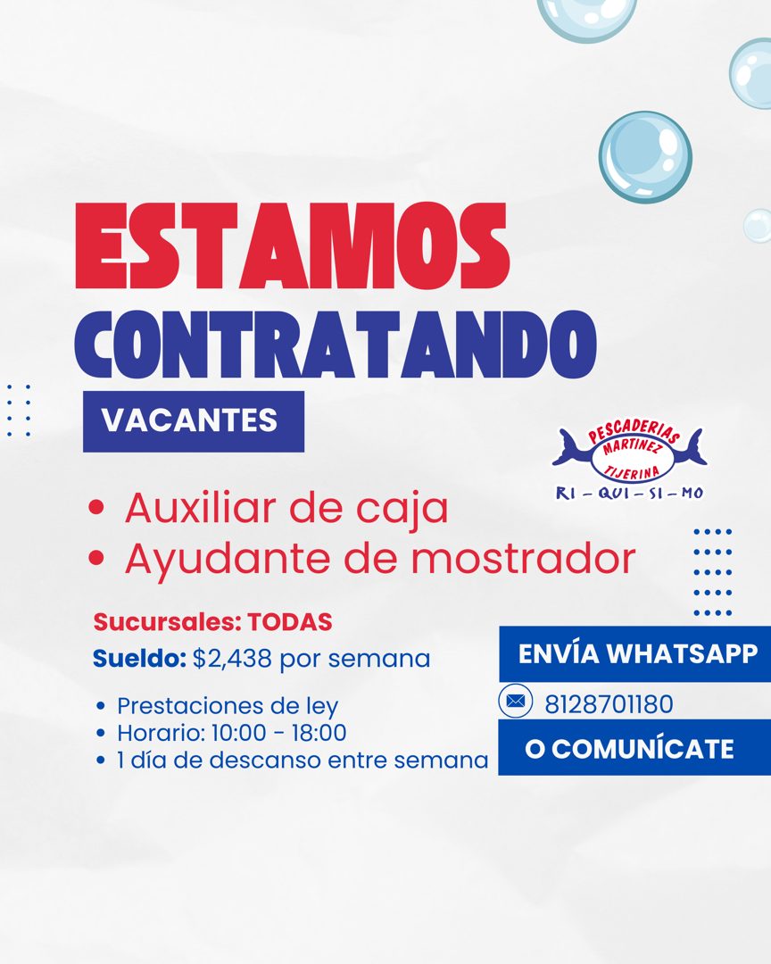 Banner del anuncio de la vacante: ESTAMOS · CONTRATANDO · VACANTES · RESCADERIAS · MARTINES · MISERINA · RI - QUI-SI -MO · • Auxiliar de caja · • Ayudante de mostrador · Sucu