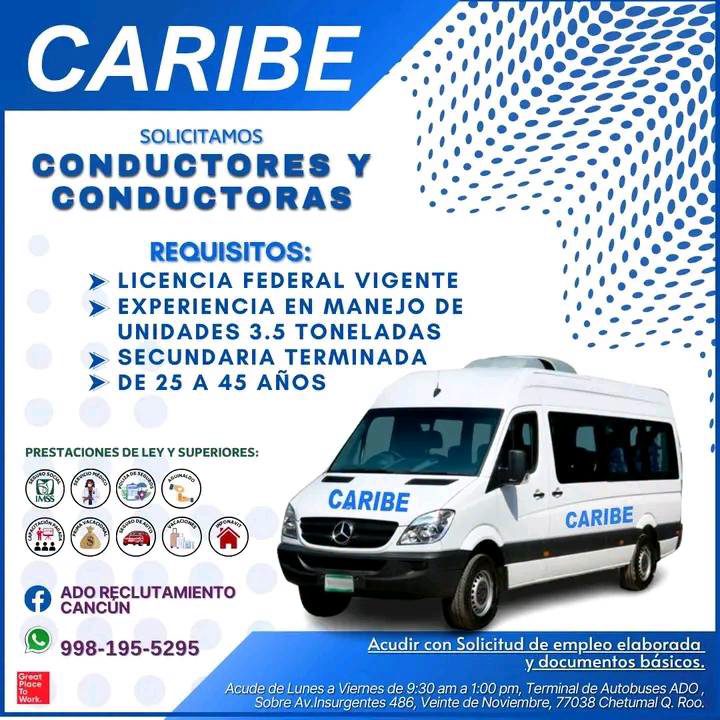 Banner del anuncio de la vacante: CARIBE · SOLICITAMOS · CONDUCTORES Y · CONDUCTORAS · REQUISITOS: · • LICENCIA FEDERAL VIGENTE · • EXPERIENCIA EN MANEJO DE · UNIDADES 3.5 TO