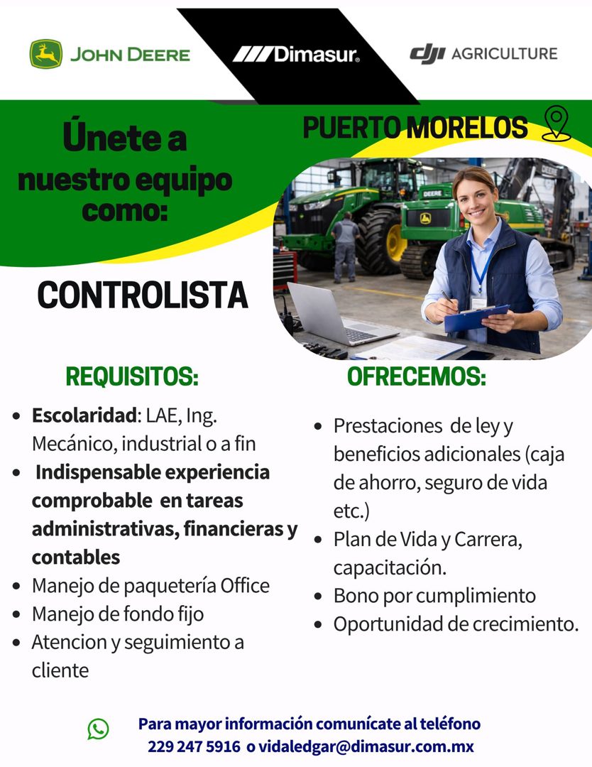 Banner del anuncio de la vacante: JOHN DEERE · ////Dimasur. · EJI AGRICULTURE · Únete a · nuestro equipo · como: · PUERTO MORELOS · CONTROLISTA · REQUISITOS: · OFRECEMOS: · •