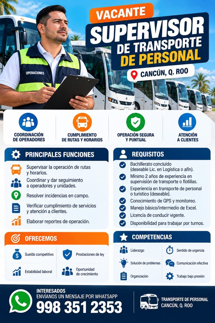 Banner del anuncio de la vacante: OPERACIONES · VACANTE · SUPERVISOR · DE TRANSPORTE · DE PERSONAL · CANCÚN, Q. R00 · COORDINACIÓN · DE OPERADORES · CUMPLIMIENTO · DE RUTAS Y