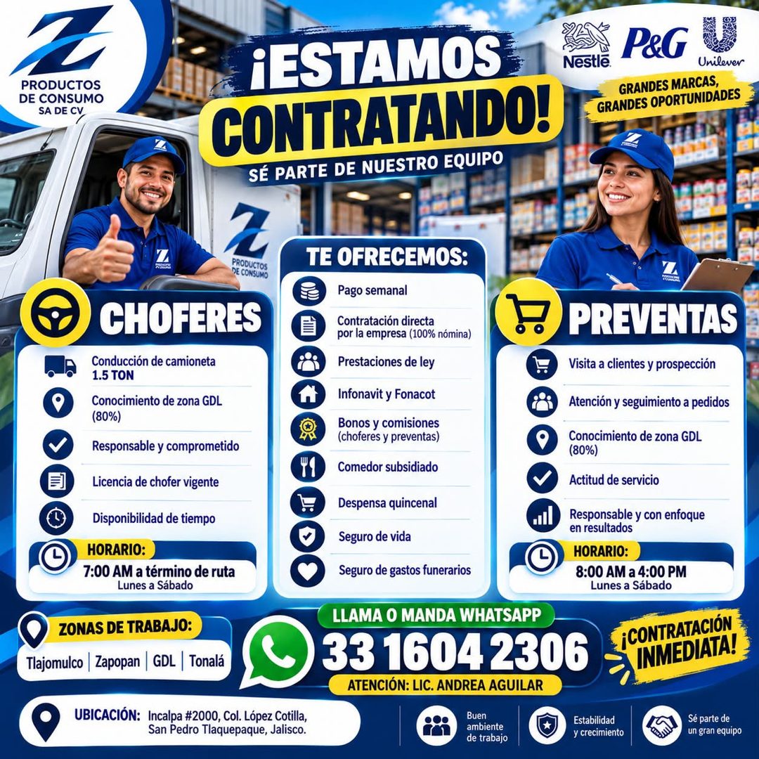 Banner del anuncio de la vacante: PRODUCTOS · DE CONSUMO · SA DE CV · ¡ESTAMOS · CONTRATANDO! · SÉ PARTE DE NUESTRO EQUIPO · PRODUCTOS · DE CONSUMO · CHOFERES · Conducción de