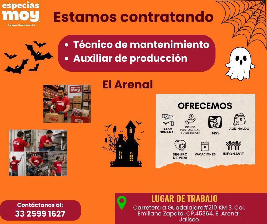 Banner del anuncio de la vacante: especias · moy. · Tu ingrediente secreto! · Estamos contratando · • Técnico de mantenimiento · • Auxiliar de producción · moy · El Arenal · 