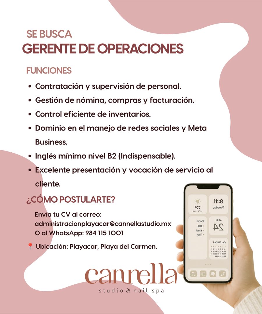 Banner del anuncio de la vacante: SE BUSCA · GERENTE DE OPERACIONES · FUNCIONES · • Contratación y supervisión de personal. · • Gestión de nómina, compras y facturación. · • 