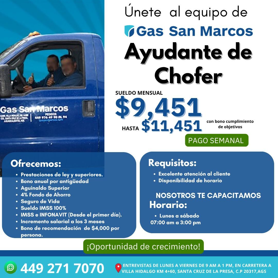 Banner del anuncio de la vacante: Gas Sar Marcos · PEDICOO · ARAKAD! · Únete al equipo de · •Gas San Marcos · Ayudante de · Chofer · SUELDO MENSUAL · S9514,451 · con bono cum