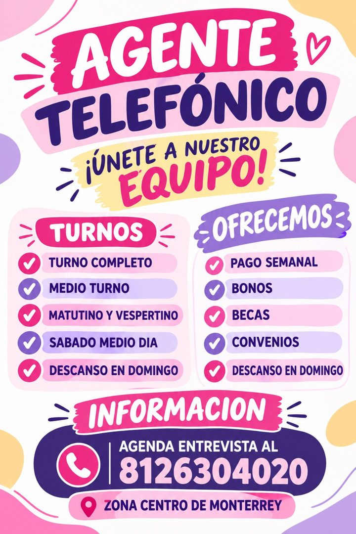 Banner del anuncio de la vacante: AGENTE :0 · TELEFÓNICO · •UNETE A NUESTRO · "EQUIPO! · TURNOS · OFRECEMOS · TURNO COMPLETO · PAGO SEMANAL · MEDIO TURNO · BONOS · MATUTINO Y