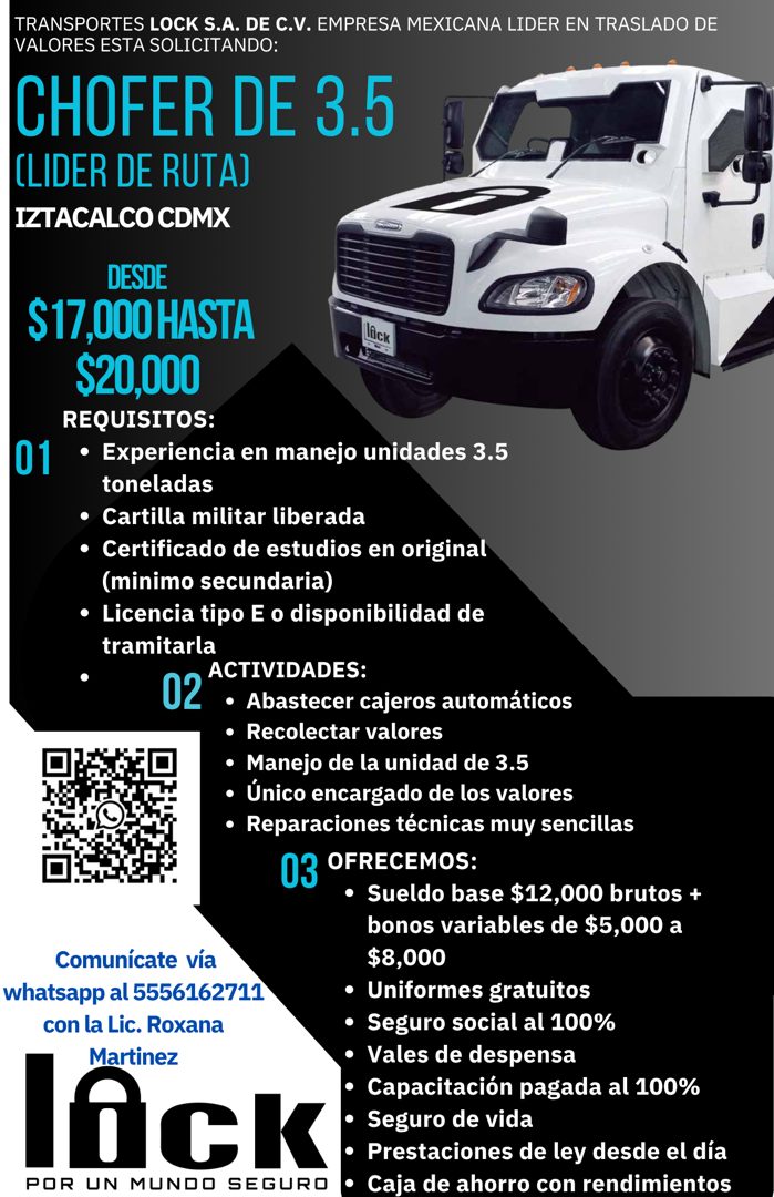 Banner del anuncio de la vacante: TRANSPORTES LOCK S.A. DE C.V. EMPRESA MEXICANA LIDER EN TRASLADO DE · VALORES ESTA SOLICITANDO: · CHOFER DE 3.5 · (LIDER DE RUTA) · IZTACALC