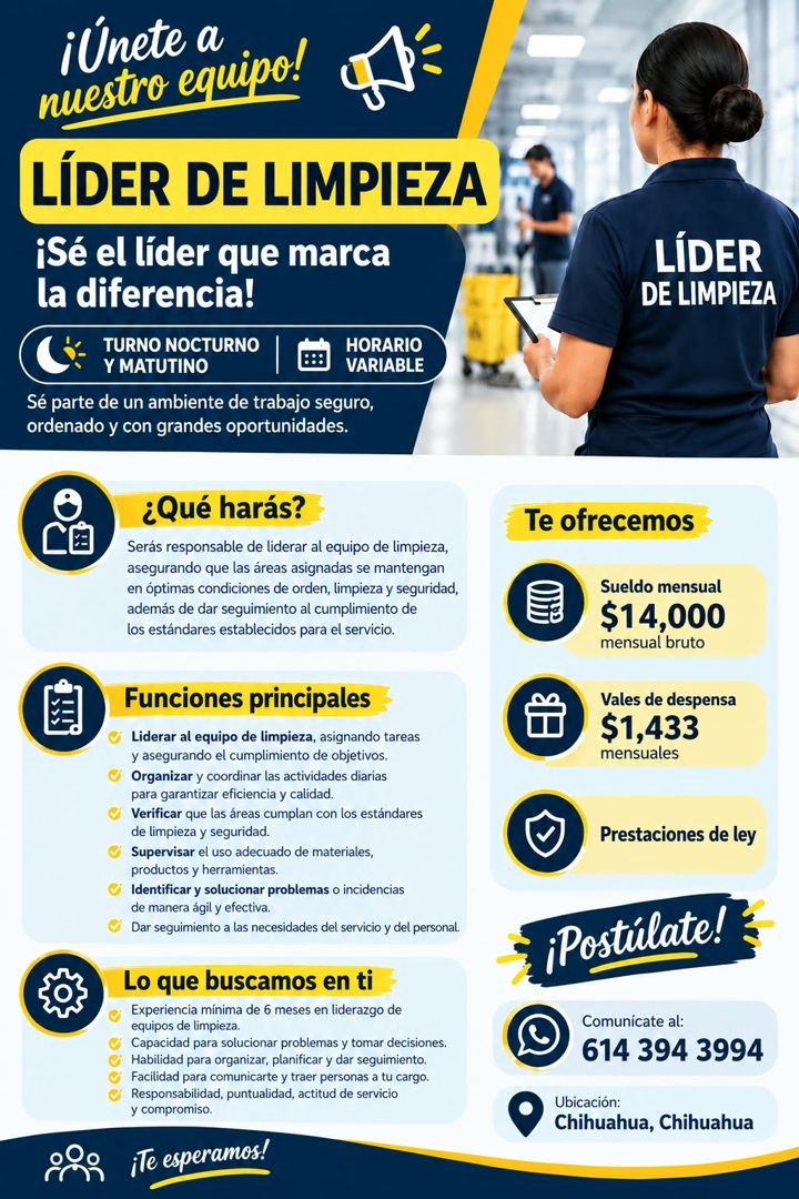 Banner del anuncio de la vacante: ¡Únete a · nuestro equipo! · LÍDER DE LIMPIEZA · ¡Sé el líder que marca · la diferencia! · TURNO NOCTURNO · Y MATUTINO · Se parte de un ambi