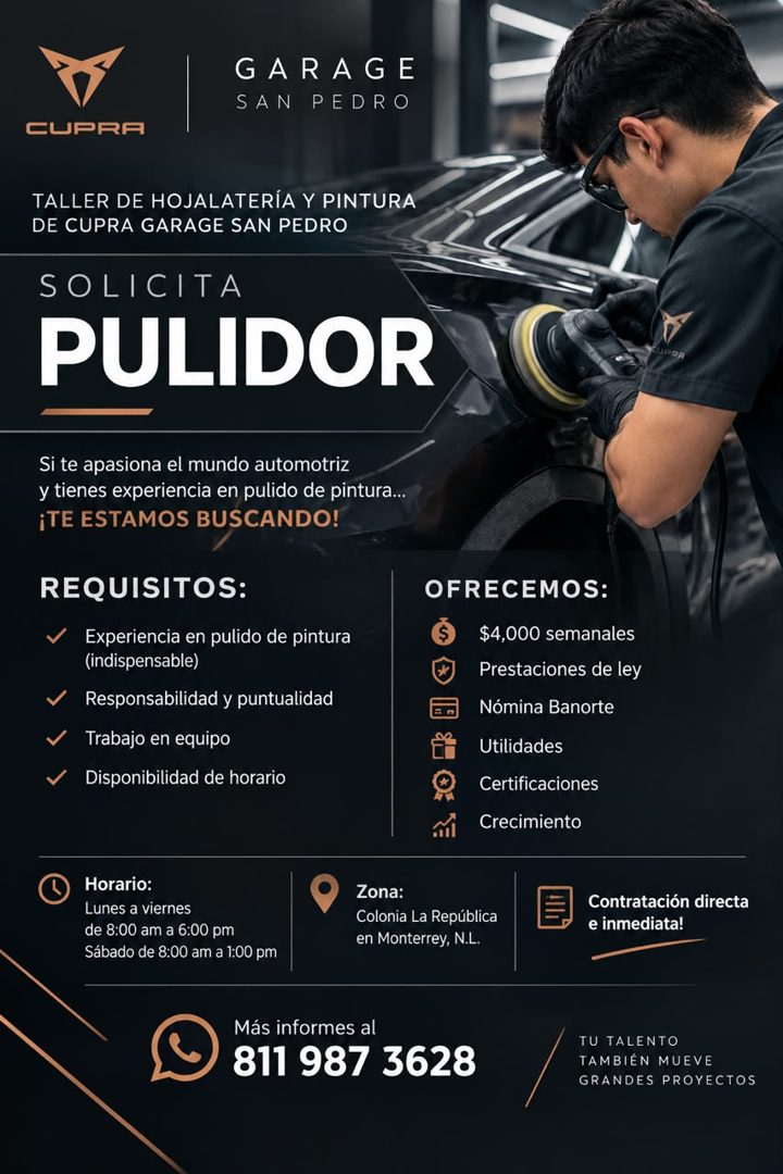 Banner del anuncio de la vacante: GARAGE · SAN PEDRO · CUPRA · TALLER DE HOJALATERÍA Y PINTURA · DE CUPRA GARAGE SAN PEDRO · SOLICITA · PULIDOR · Si te apasiona el mundo auto