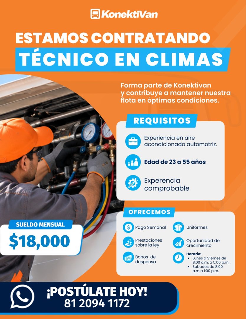 Banner del anuncio de la vacante: KonektiVan · ESTAMOS CONTRATANDO · TÉCNICO EN CLIMAS · Forma parte de Konektivan · y contribuye a mantener nuestra · flota en óptimas condic
