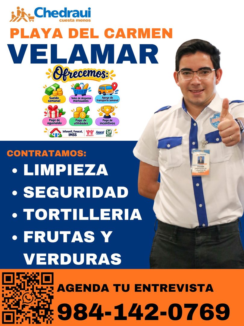 Banner del anuncio de la vacante: Chedraui · cuesta menos · PLAYA DEL CARMEN · VELAMAR · Ofrecemos: · Sueldo · semanal · Vales de despensa · mensuales · Apoyo de · transporte