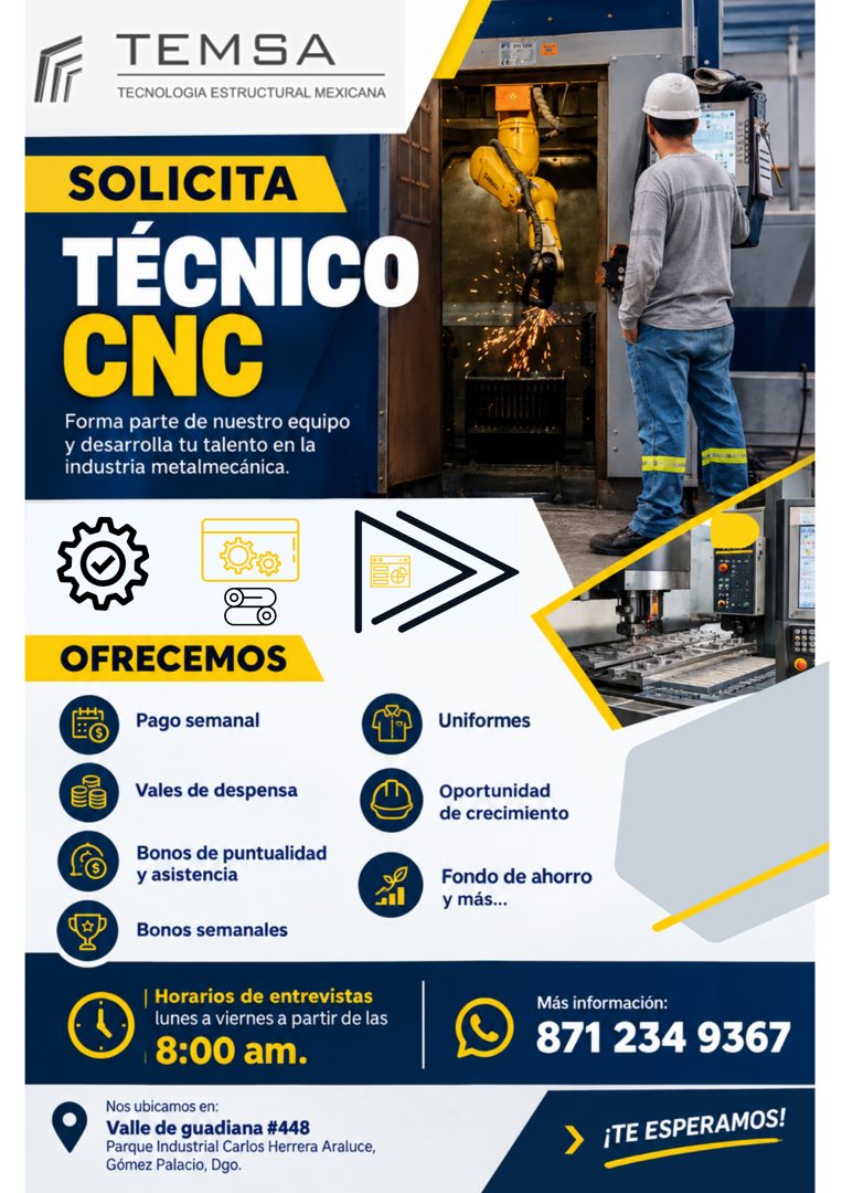 Banner del anuncio de la vacante: TEMSA · TECNOLOGIA ESTRUCTURAL MEXICANA · SOLICITA · TÉCNICO · CNC · Forma parte de nuestro equipo · y desarrolla tu talento en la · industr