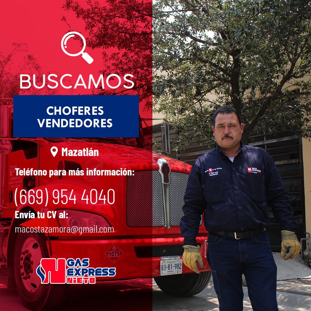 Banner del anuncio de la vacante: BUSCAMOS · CHOFERES · VENDEDORES · ° Mazatlán · Teléfono para más información: · 0(669) 954 4040 · Envía tu CV al: · macostazamora@gmail.com