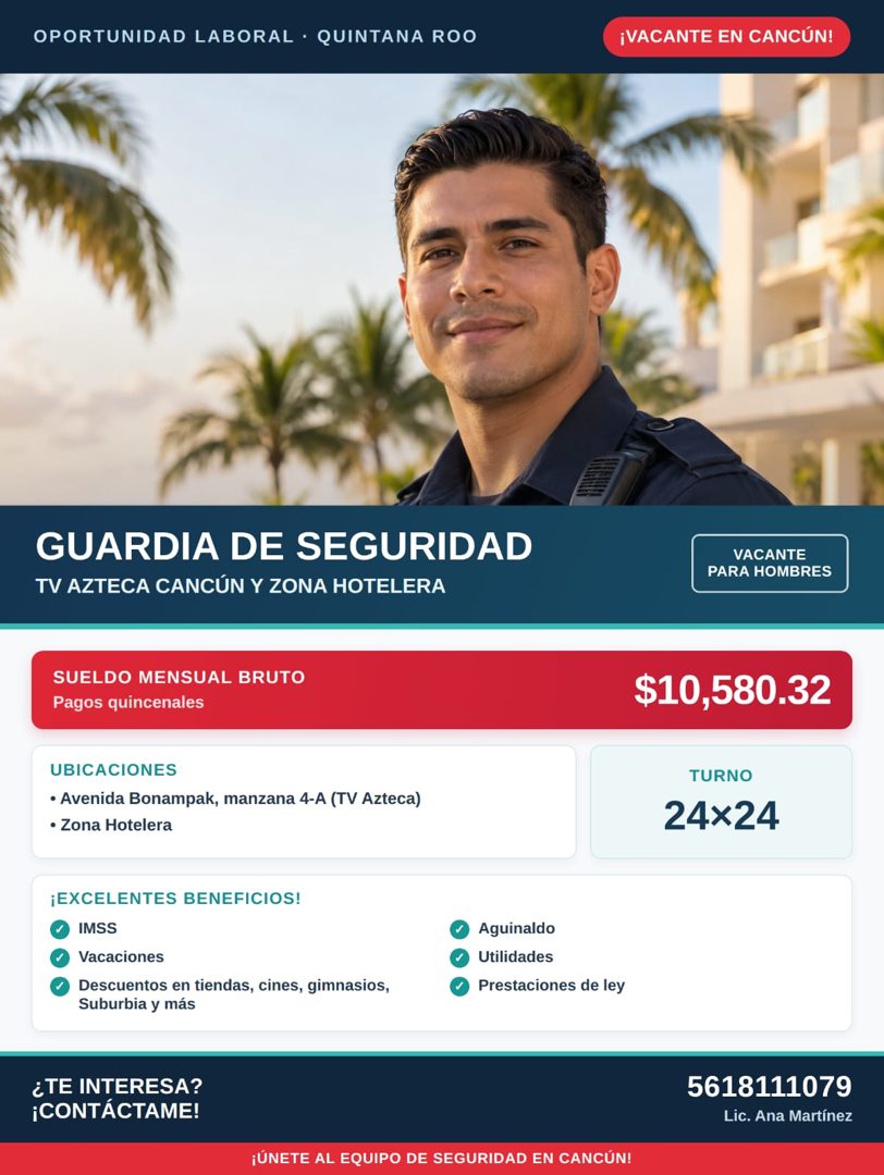 Banner del anuncio de la vacante: OPORTUNIDAD LABORAL • QUINTANA ROO · ¡VACANTE EN CANCÚN! · GUARDIA DE SEGURIDAD · TV AZTECA CANCÚN Y ZONA HOTELERA · VACANTE · PARA HOMBRES 