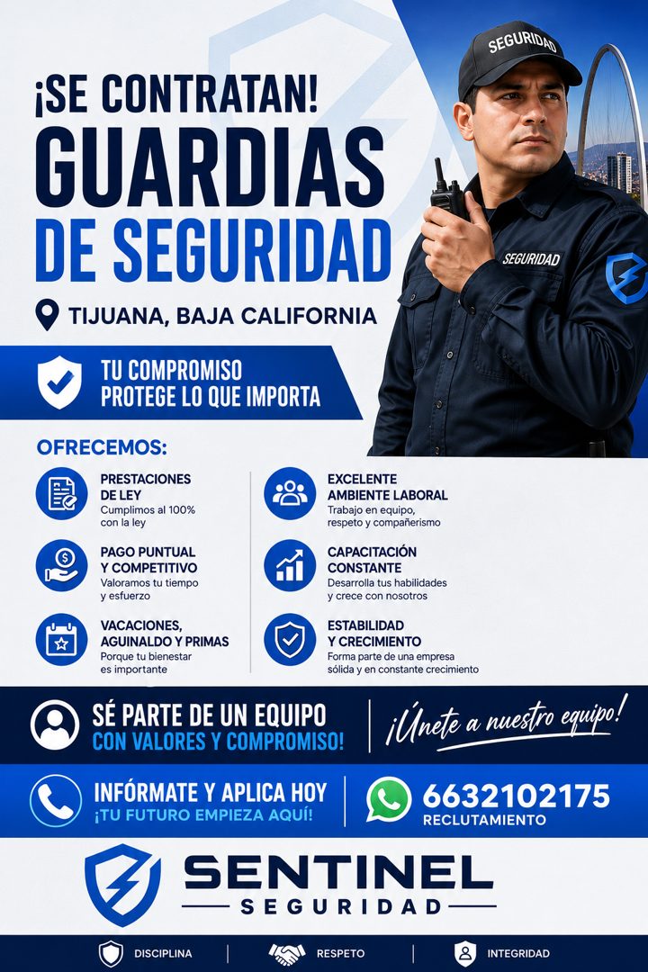 Banner del anuncio de la vacante: SEGURIDAD · ¡SE CONTRATAN! · GUARDIAS · DE SEGURIDAD · TIJUANA, BAJA CALIFORNIA · SEGURIDAD · TU COMPROMISO · PROTEGE LO QUE IMPORTA · OFREC