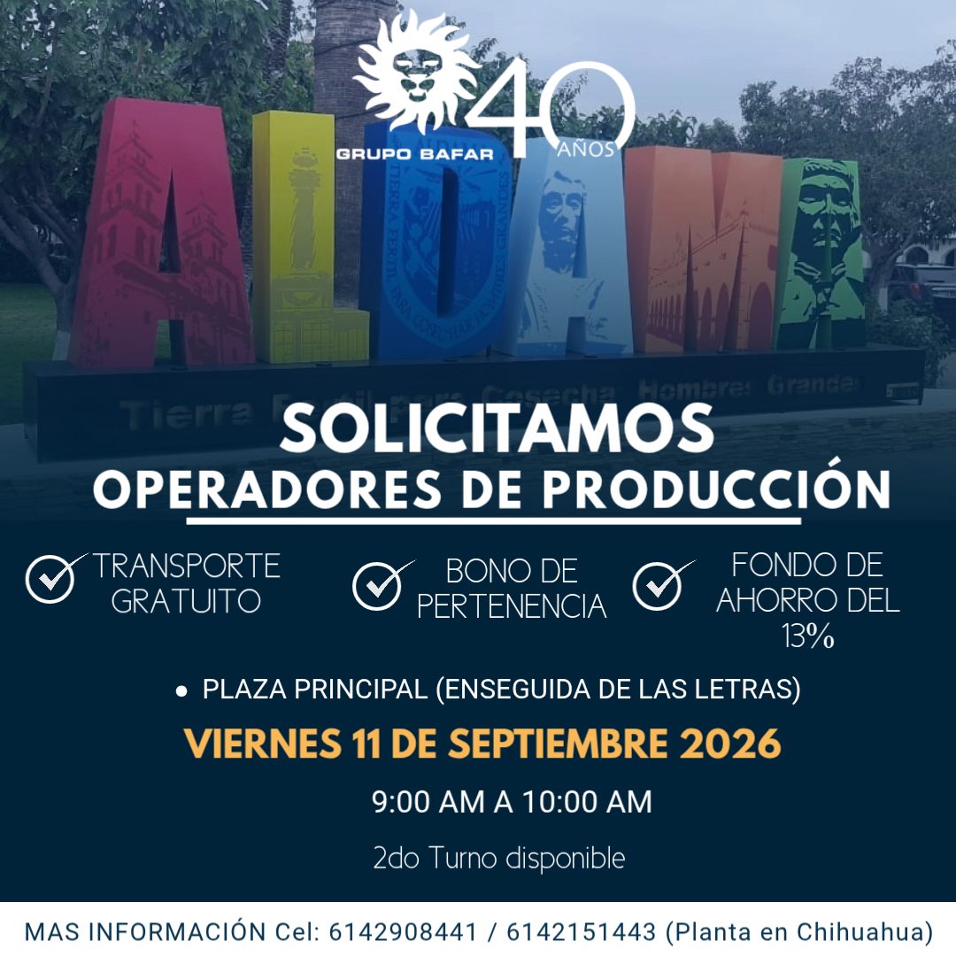 Banner del anuncio de la vacante: GRUPO BAFAR · 44C · AÑOS · lemeres Granses · Tierre · SOLICITAMOS · OPERADORES DE PRODUCCIÓN · TRANSPORTE · GRATUITO · BONO DE · PERTENENCIA