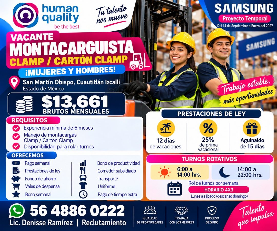 Banner del anuncio de la vacante: human · quality · be the best · Tu talento · nos mueve · VACANTE · MONTACARGUISTA · CLAMP / CARTÓN CLAMP · ¡MUJERES Y HOMBRES! · San Martín 