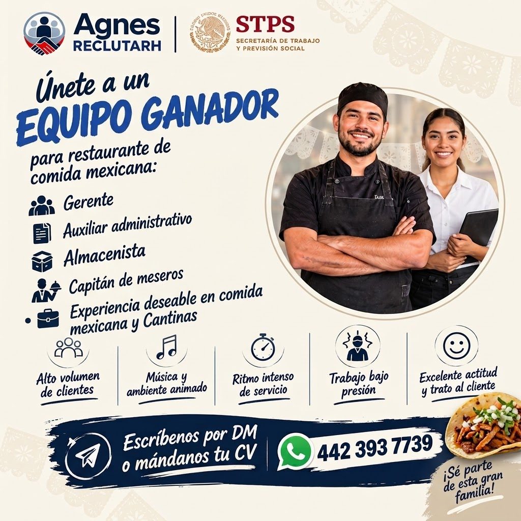 Banner del anuncio de la vacante: Agnes · RECLUTARH · STPS · SECRETARÍA DE TRABAJO · Y PREVISIÓN SOCIAL · • · Unete a un · EQUIPO GANADOR · para restaurante de · comida mexic