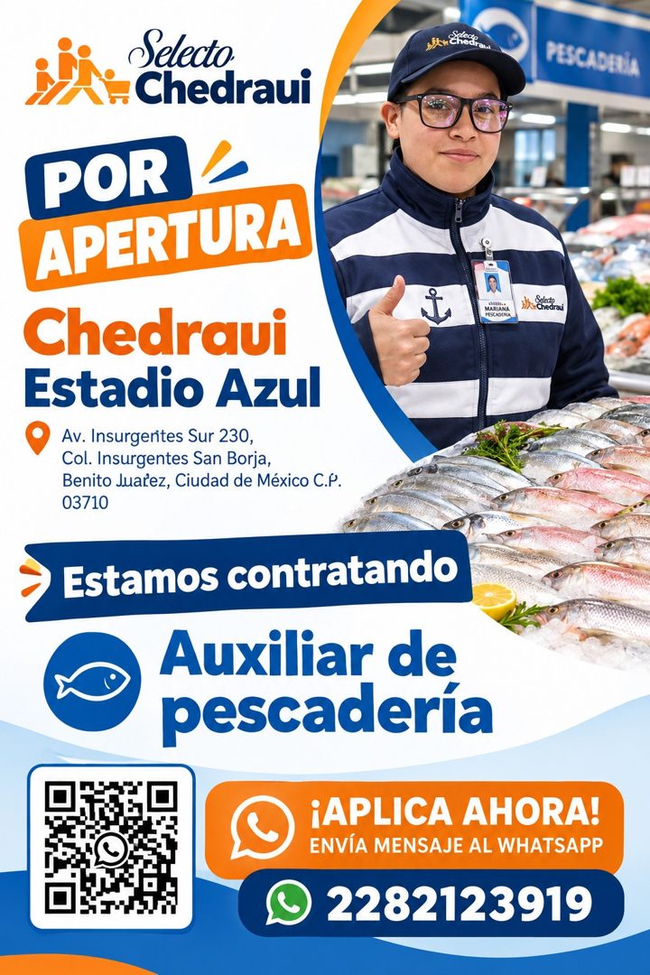Banner del anuncio de la vacante: Selecto · Chedraui · PESCADERÍA · POR · APERTURA · Chedraui · Estadio Azul · Av. Insurgentes Sur 230, · Col. Insurgentes San Borja, · Benito