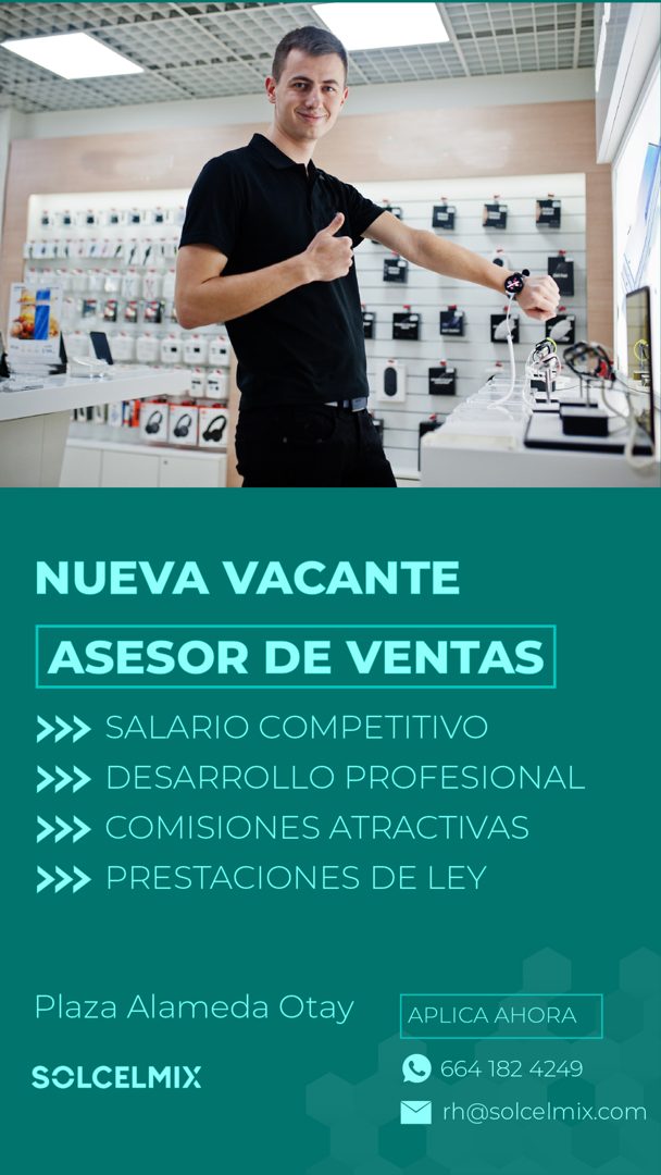 Banner del anuncio de la vacante: NUEVA VACANTE · ASESOR DE VENTAS · >> SALARIO COMPETITIVO · > DESARROLLO PROFESIONAL · >›> COMISIONES ATRACTIVAS · ›> PRESTACIONES DE LEY · 