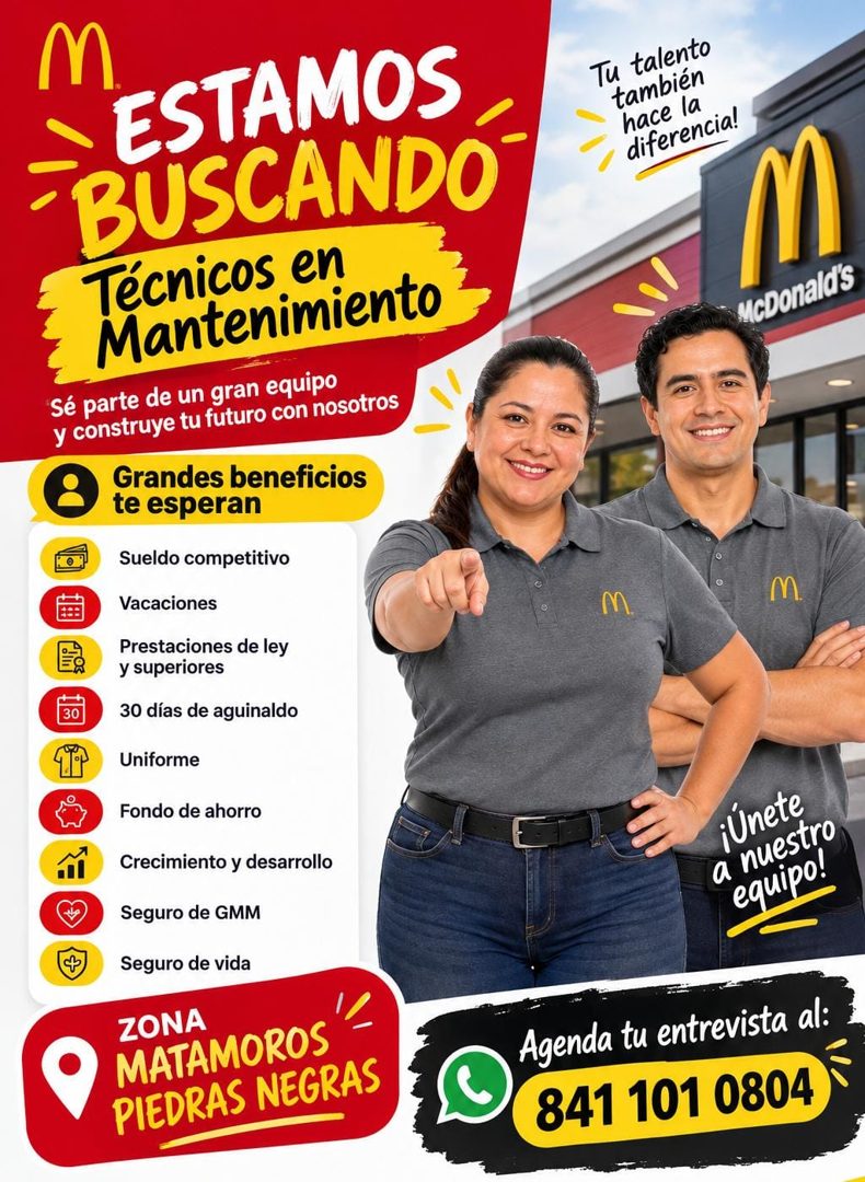 Banner del anuncio de la vacante: ESTAMOS · BUSCANDO · Técnicos en · Mantenimiento · Sé parte de un gran equipo · y construye tu futuro con nosotros · Grandes beneficios · te